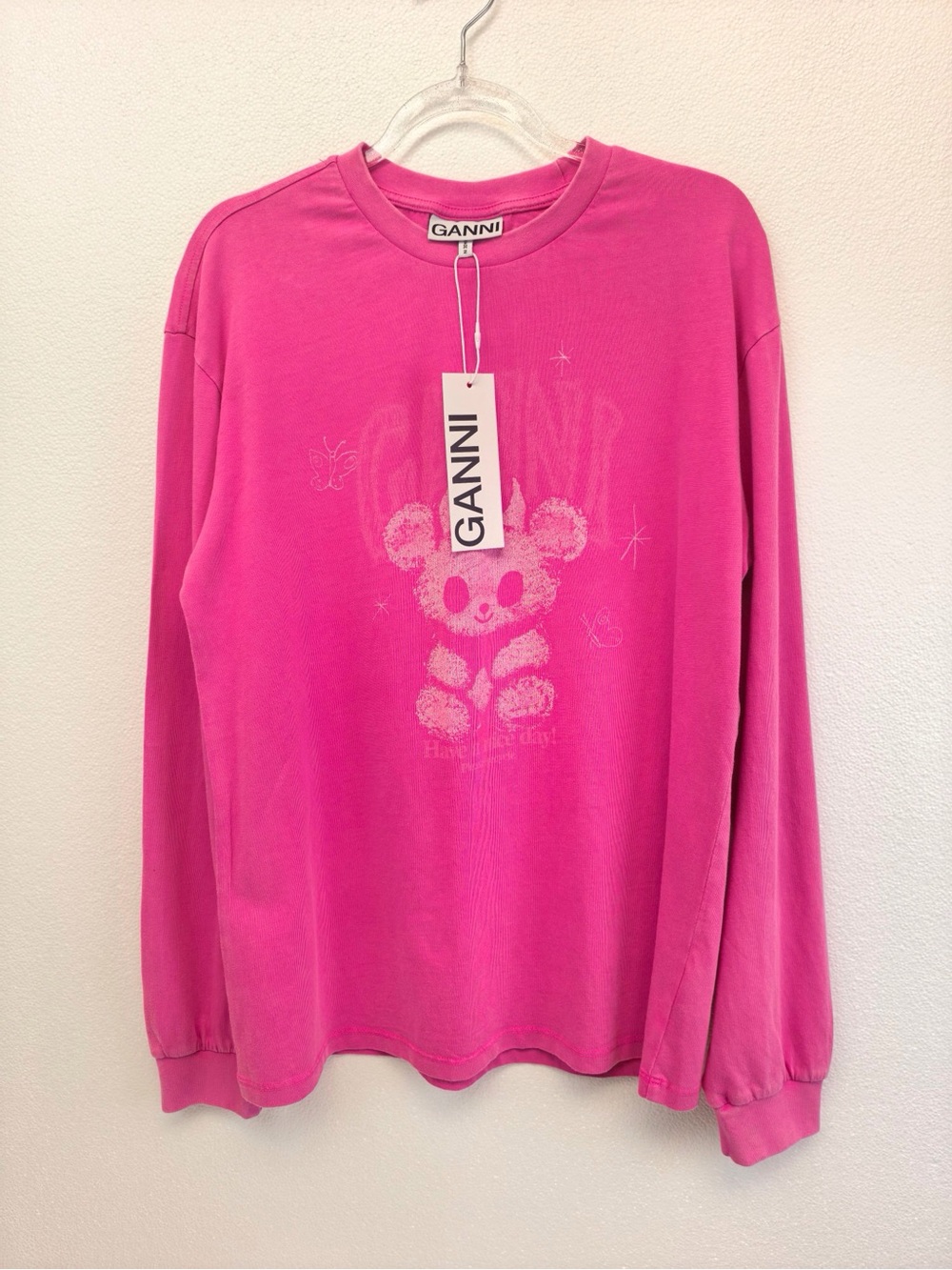 Ganni Hot Pink Long-Sleeve Tee with Faded Bear Graphic